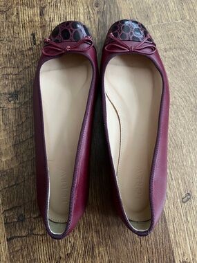 J. Crew Burgundy Ballet Flats with Croc-Print Cap Toe and Bow